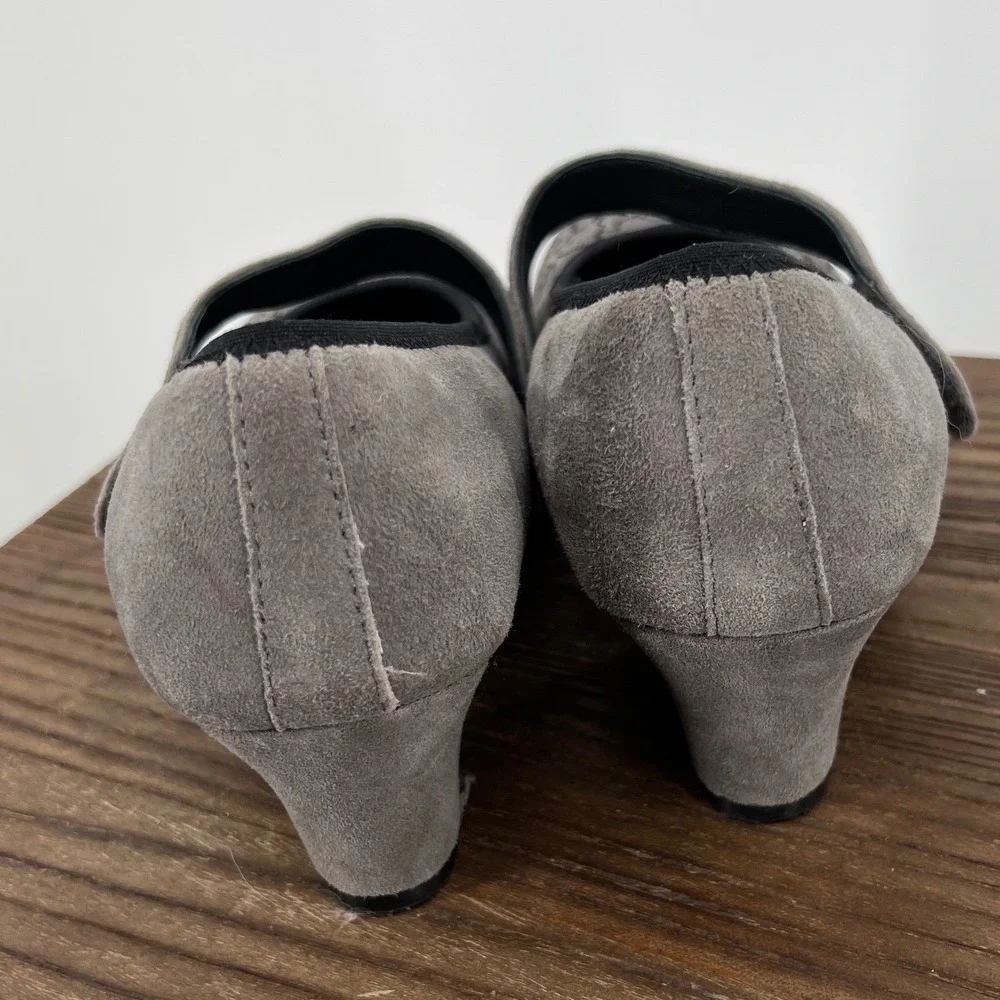 Hotter Grey Suede Floral Embroidered Mary Jane Studded Strap‎ Comfort Heels 7.5
